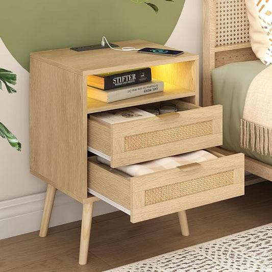 Rattan Nightstand with Charging Station USB Port Led Lights and 2 Storage Drawers, Bedroom Furniture Night Stand Bedside Table Bed Side Table End Table Sofa Table (1 Pack) - LeafyLoom