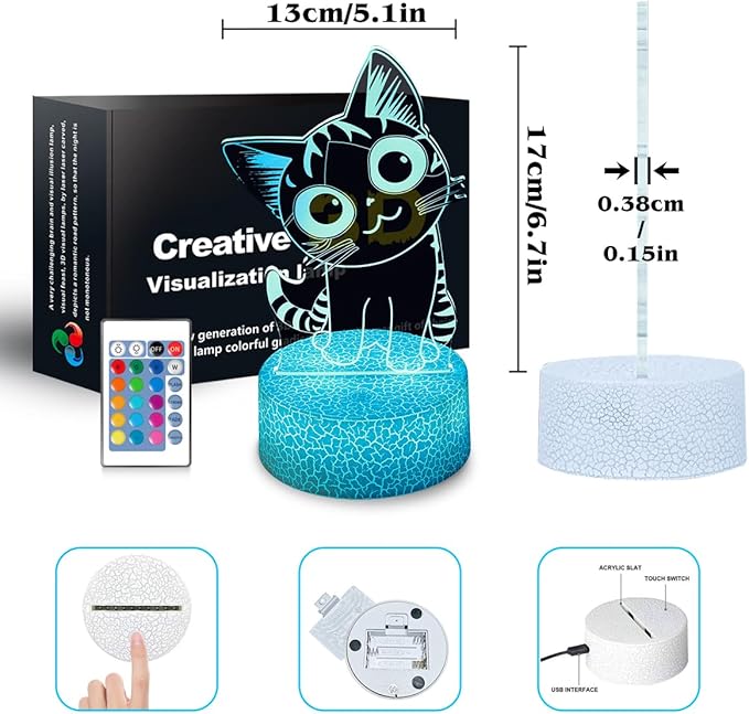 Cat Night Light Cat Gifts for Kids 3D Cat Lamp Kids Bedside Lamp 16 Color Change Decor Lamp with Remote & Smart Touch, Gifts for Christmas Birthday Boys Girls - LeafyLoom