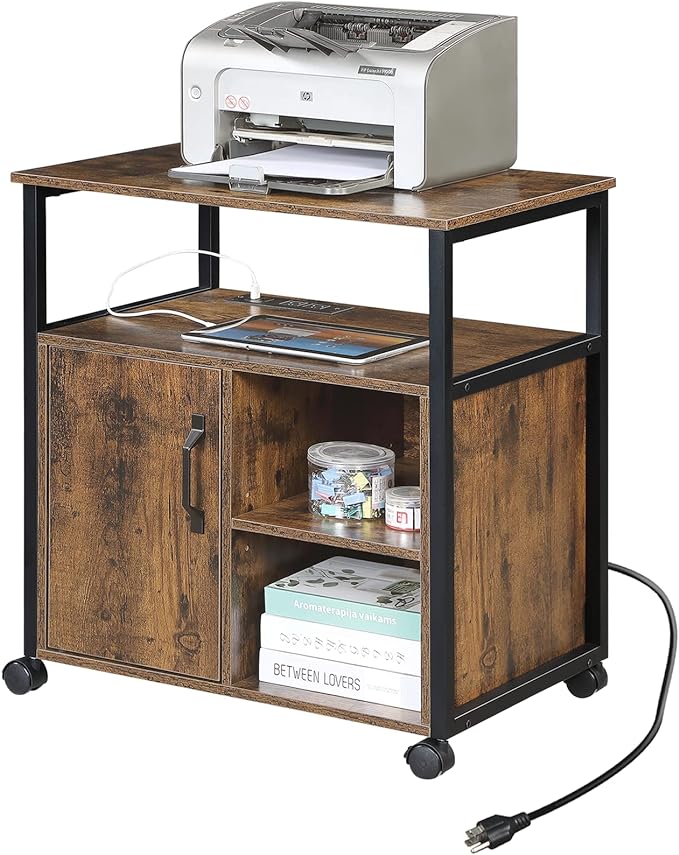 Lateral File Cabinet,Office Filing Cabinets with Socket and USB Charging Port,Modern Rolling Printer Stand with Storage for A4, Letter Size and File Folders,for home office, Rustic Brown - LeafyLoom