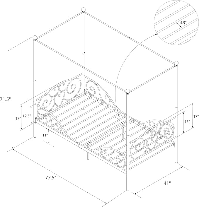 DHP Metal Canopy Kids Platform Bed with Four Poster Design, Scrollwork Headboard and Footboard, Underbed Storage Space, No Box Sring Needed, Twin, Pewter - LeafyLoom