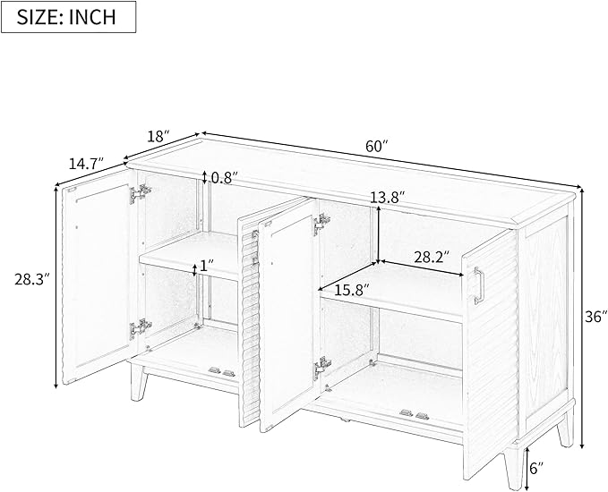 60" Sideboard with 4 Door Large,Retro Wooden Buffet Cabinet,W/Adjustable Shelves and Metal Handles,Console Table for Living Room Bedroom Kitchen,Antique White - LeafyLoom