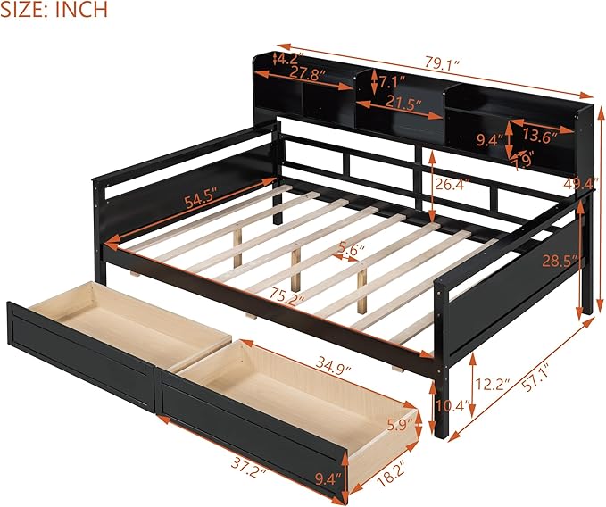Merax Modern Full Wooden Storage Daybed,Dual-use Sturdy Sofa Bed for Bedroom Living Room, Espresso - LeafyLoom