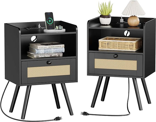 SUPERJARE Nightstands with Charging Station, Bedside Table Set of 2 with PE Rattan Drawers, Rattan Side Table with Storage & Solid Wood Feet, End Table for Bedroom, Black - LeafyLoom