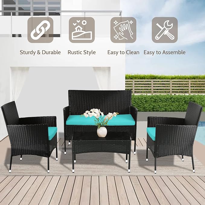 FDW Patio Furniture Set 4 Pieces Outdoor Rattan Chair Wicker Sofa Garden Conversation Bistro Sets for Yard,Pool or Backyard,Blue Cushions - LeafyLoom