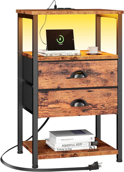 Furologee Nightstand with Charging Station, LED Night Stand with 2 Fabric Drawers, 3-Tier Storage Side Table with USB Ports & Outlets, End Table with Shelves for Lving Room/Bedroom - LeafyLoom