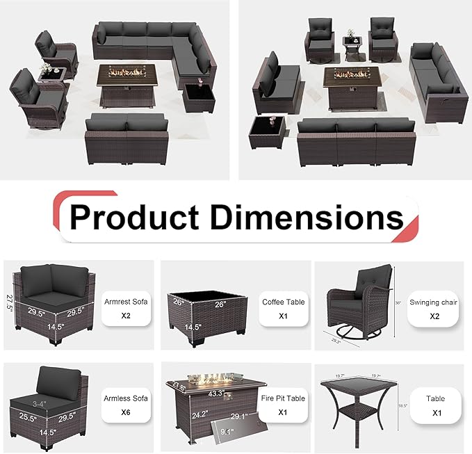 Patio Furniture Sectional Sofa Set 13-Pieces PE Rattan Swivel Rocking Chairs Patio Conversation Set w/43in Gas Fire Pit Table, Outdoor Furniture with 55000 BTU Propane Fire Pit, Grey - LeafyLoom