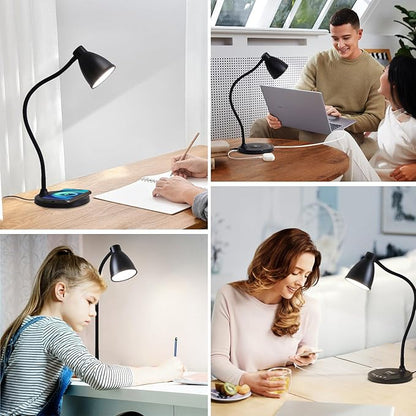 BOHON Desk Lamp for Home Office, LED Desk Light with USB C+A Charging Ports, Wireless Charger, 5 Colors Stepless Dimming Reading Light Timer, Touch Bedside Table Lamp for College Dorm Room Black - LeafyLoom