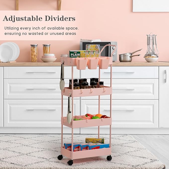 danpinera Slim Storage Cart, 4 Tier Bathroom Cart Organizer Narrow Laundry Cart with Wheels Dividers Hanging Cups Hooks Handle Makeup Lash Cart Shelf Organizer Rack Unit Easy Assembly, Pink - LeafyLoom