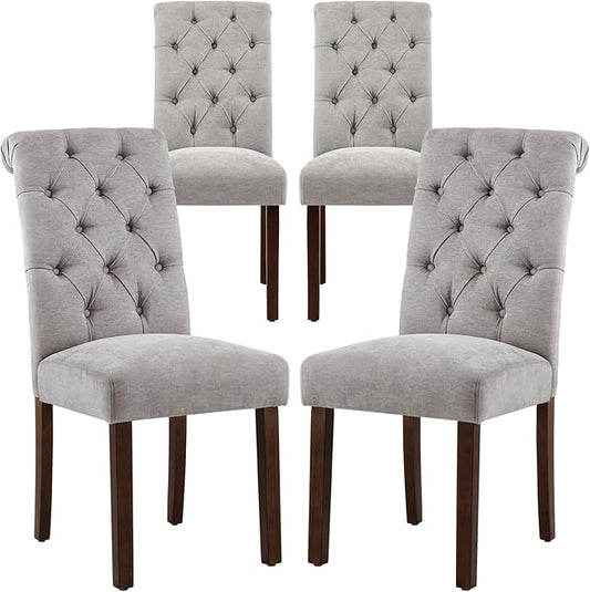 COLAMY Button Tufted Dining Chairs Set of 4, Parsons Upholstered Fabric Dining Room Chairs Kitchen Chairs with Wood Legs and Padded Seat, Light Grey - LeafyLoom