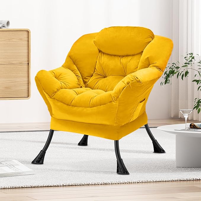 Fabric Lazy Chair Large Accent Chair,Velvet Frabic Modern Lounge Reading Chair with Armrests & Side Pocket,Upholstered Armchair for Living Room,Bedroom,Dorm,Yellow - LeafyLoom