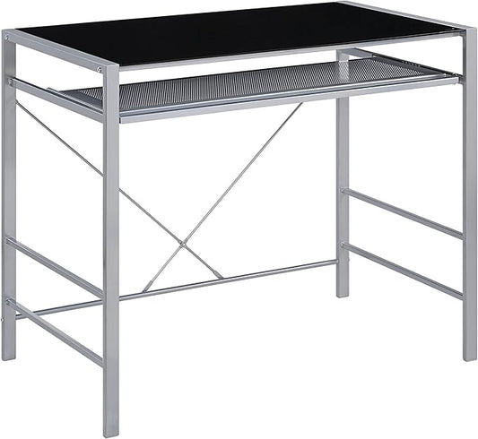 OSP Home Furnishings Zephyr Computer Desk with Keyboard Shelf and Tempered Glass Top, Black Glass and Silver Frame - LeafyLoom