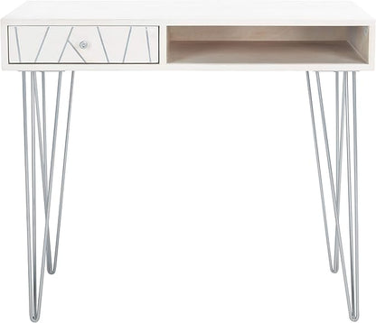 Safavieh Home Office Collection Marigold White Wash and Silver 1-Drawer Hairpin Leg Desk, 0 - LeafyLoom