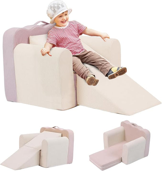 3-in-1 Toddler Chair Comfy Kids Sofa Chair,Toddler Couch Fold Out with Folding Ottomans,Foldable Baby Couch for Girls and Boys,Convertible Kids Chair Cozy to Lounger Pull Out for Playroom,Beige Pink - LeafyLoom