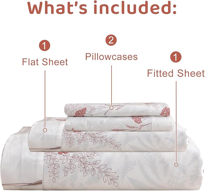 QSH Floral Bed Sheets King Size - 100% Egyptian Cotton Floral Bedding Sheets Aesthetic Flower Pattern Printed Bedding King Size Bed Sheets 17.5" Extra Deep Pocket 4pcs - LeafyLoom