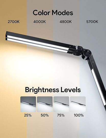 MediAcous LED Desk Lamp with Clamp, 20W Three Lights Desk Light for Home Office, Flexible Swing Arm, Control Box, 4 Color Modes, 4 Brightness, Memory Function, Eye-Caring Clip-on Lamp for Workbench - LeafyLoom