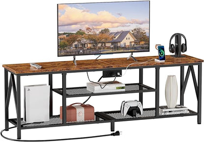 Furologee TV Stand with Power Outlets for 65 70 inch TV, Entertainment Center with Open Storage Shelves, Long 63'' TV Media Console Table with Soundbar Shelf for Living Room, Bedroom, Rustic Brown - LeafyLoom