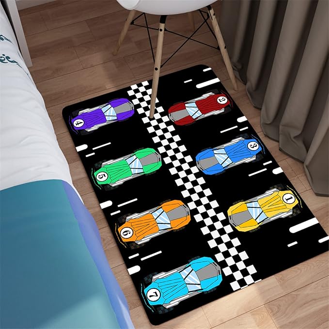 Race Car Rug Kids Play Area Rugs Race Car Track Rug Kids Rug with Roads and Tracks Car Track Carpet Car Rug for Boys Room Race Car Room Decor for Boys,Black 2'×3' - LeafyLoom