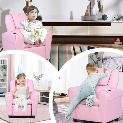 ARLIME Kids Recliner chair, toddler Armchair Upholstered Couch with Cup Holder, Backrest, baby Leather sofa with Headrest and Footrest, Child Furniture for Ages 2-7(Pink) - LeafyLoom