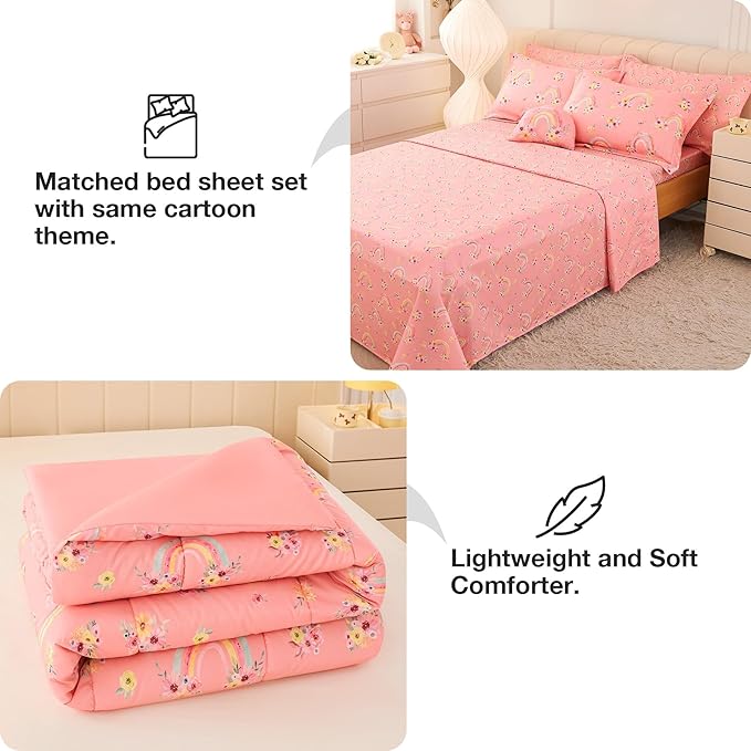 Mooreeke Full Size Comforter Sets for Girls Kids, 8 Pieces Bed in a Bag Pink Rainbow Flowers Bedding Comforter Sheet Set with Shams and Decorative Toy Pillow, Ultral Soft Microfiber Kids Bed Set - LeafyLoom