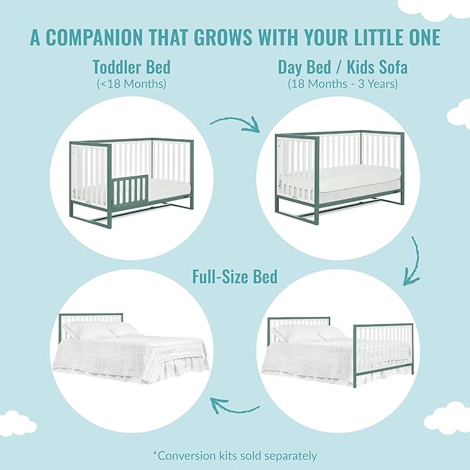 Arlo 5-in-1 Convertible Crib in Jungle Green, JPMA Certified, 3 Mattress Height Settings, Non-Toxic Finish, Made of Sustainable and Sturdy Pinewood - LeafyLoom