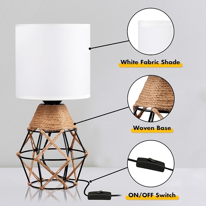 Hamilyeah Table Lamps Set of 2, Woven Lamps for Nightstand with On/Off Switch, Farmhouse Bedside Lamps with White Fabric Shade, Modern Simple Lamps for Bedroom, Living Room - LeafyLoom