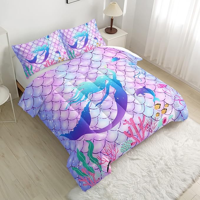 CVHOUSE Mermaid Comforter Set,Rainbow Mermaid Bedding Set for Girls Kids Teens,Rainbow Mermaid Comforter Mermaid Duvet Set Room Decor Quilt Set Queen Size - LeafyLoom