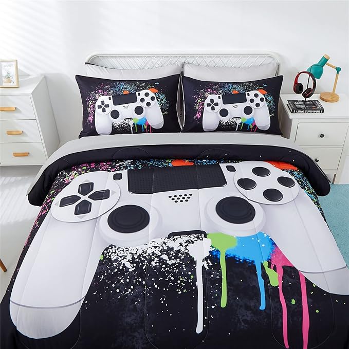 KAKKI 5 Piece Boys Queen Gamer Comforter Set with Sheets, 3D Colorful Video Game Controller Comforter for Kids Teen, All Season Soft Microfiber Gaming Bedding Set(White,Queen) - LeafyLoom