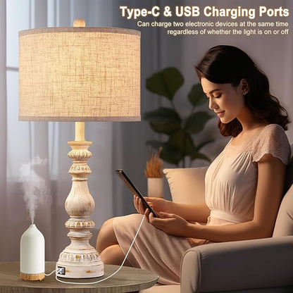 Farmhouse Bedside Table Lamps Set of 2, Bedroom Lamps for Nightstand with USB A+C Ports, 28” Rustic Vintage Living Room Lamps with Rotary Switch - Bulb Not Included - LeafyLoom