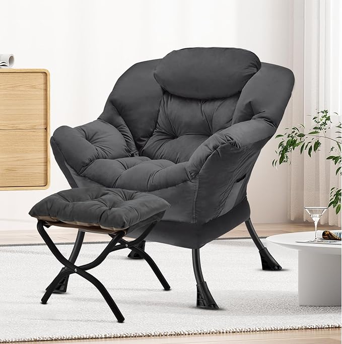 Lazy Chair with Folding Ottoman Modern Large Accent Chair,Contemporary Lounge Leisure Sofa Chair with Armrests Upholstered Sofa Armchair Reading Chair for Bedroom,Dorm & Office,Dark Grey - LeafyLoom