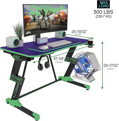 Gaming Desk 47 inch, PC Computer Desk RGB Light Gaming Table with Cup Holder, Earphone Hook, Power Strip Box, Green - LeafyLoom