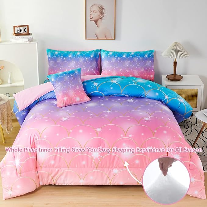 PERFEMET Pink Purple Mermaid Comforter Queen Size 6 Pieces Girls Bedding Set Colorful Rainbow Ombre Bed in A Bag Mermaid Scale Print Queen Comforter Set with Sheets - LeafyLoom