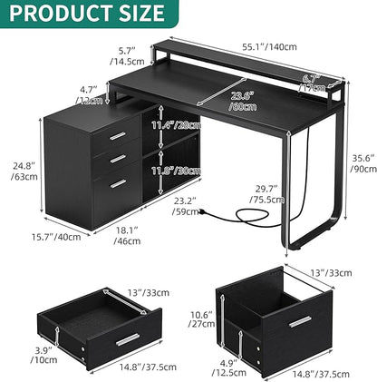 YITAHOME L Shaped Desk with Power Outlets & LED Lights & File Cabinet, 55" Corner Computer Desk with 3 Drawers and 2 Storage Shelves, Home Office Desk with Monitor Stand, Black - LeafyLoom