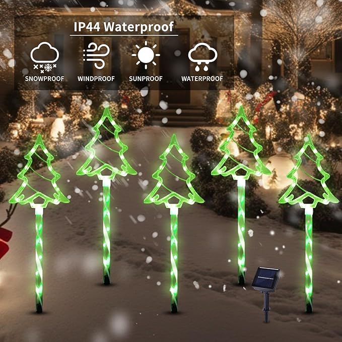 Solar Christmas Pathway Lights Outdoor Decorations, 8 Modes Xmas Tree Candy Lights Waterproof Led Garden Stake Lights for Walkway Yard Lawn Porch Holiday Decor 5-Pack (Green Xmas Tree Lights) BRIGHTDECK