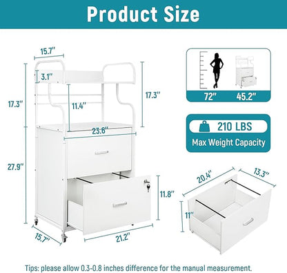 Vertical File Cabinet, 2 Drawer Mobile Filing Cabinet with 1 Bookshelf, Printer Stand with Open Storage Shelves Fits A4/Letter/Legal Size File Cabinets for Home Office Organizer, White - LeafyLoom