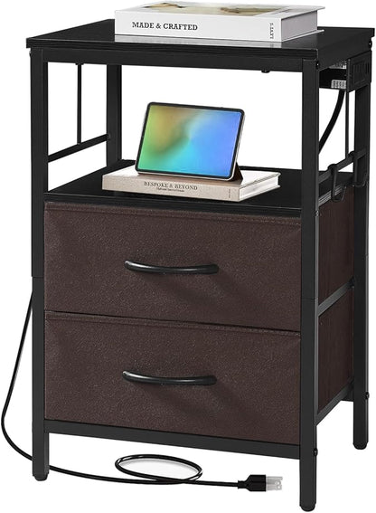 Nightstand with Charging Station, Side Table with Fabric Drawers and Open Shelf, Night Stand for Bedroom Decor, Bedside Table with USB Ports & Outlets (Black,1) - LeafyLoom