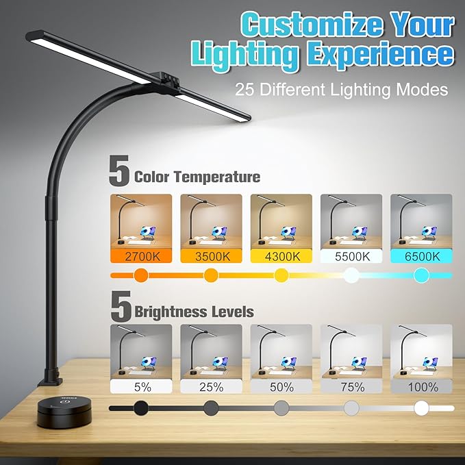 LED Desk Lamp with Clamp, Wireless Remote Control Dimming Stepless Architect Desk Lamps for Home Office, 25 Lighting Modes Adjustable LED Table Lamp, Study Eye-Caring Dual Head Gooseneck Lamp for Desk - LeafyLoom