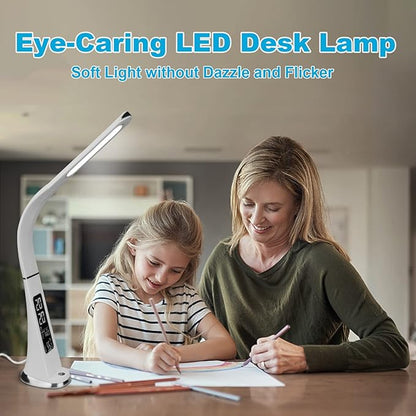 LED Desk Lamp with Digital Display Calendar Temperature,Rechargeable Desk Lamp for Home Office with Adjustable Neck,Dimmable Reading Light with Touch Control,Cordless Study Lamp with USB Charging Port - LeafyLoom