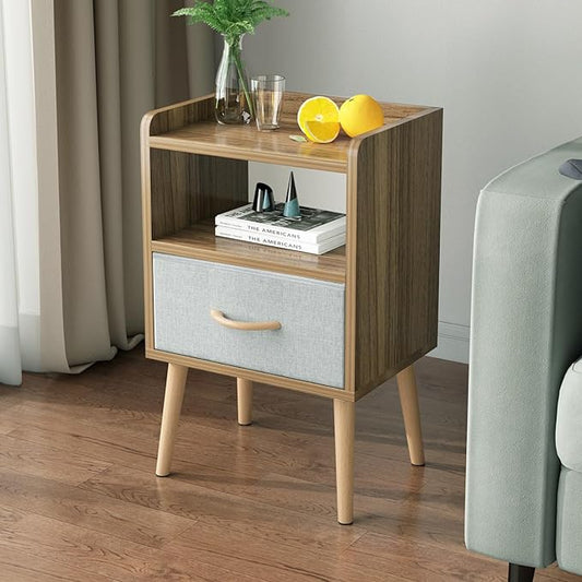 LUCKNOCK NightStand with Fabric Drawer, Bedside Table with Solid Wood Legs, Minimalist and Practical End Side Table with Open Storage Shelf for Bedroom,Walnut. - LeafyLoom