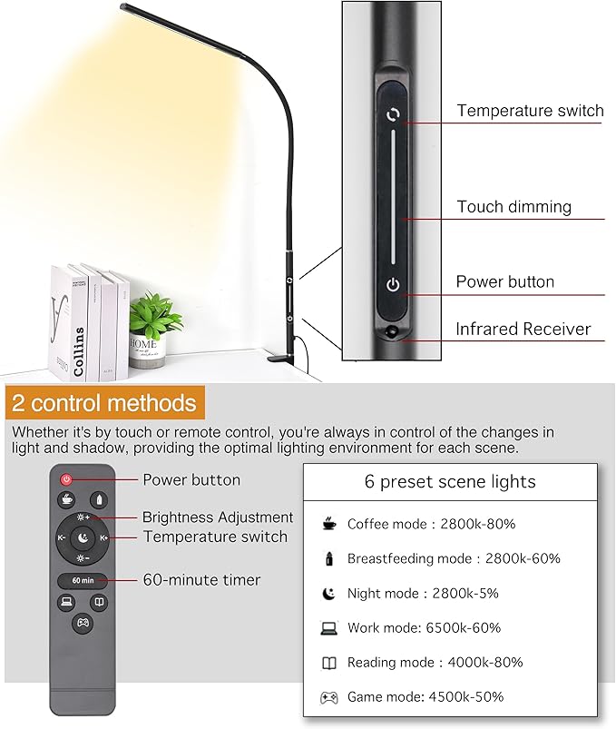 LED Desk Lamp for Office Home, Remote Control Desk Light with Stepless Dimming Adjustable Flexible Gooseneck,Eye-caring Clip on Table Lamp with 4 Color Modes, Workbench Drafting Reading Study bedrooms - LeafyLoom