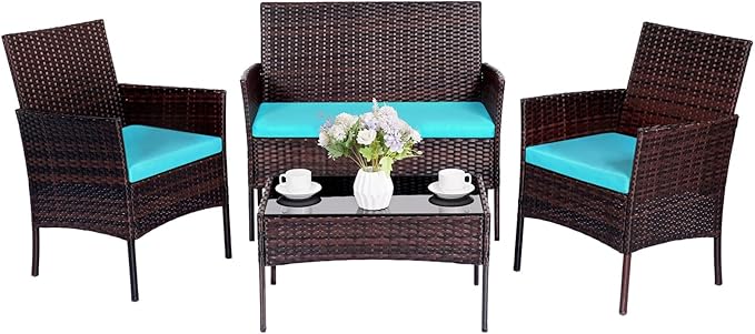 Patio Furniture Set 4 Pieces Conversation Sets Outdoor Wicker Rattan Chairs Garden Backyard Balcony Porch Poolside Loveseat with Soft Cushion and Tempered Glass Table(Brown/Blue) - LeafyLoom