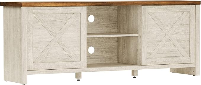 Hillsdale Columbus Wood Entertainment Console, 64 Inch, White Oak with Walnut Top - LeafyLoom