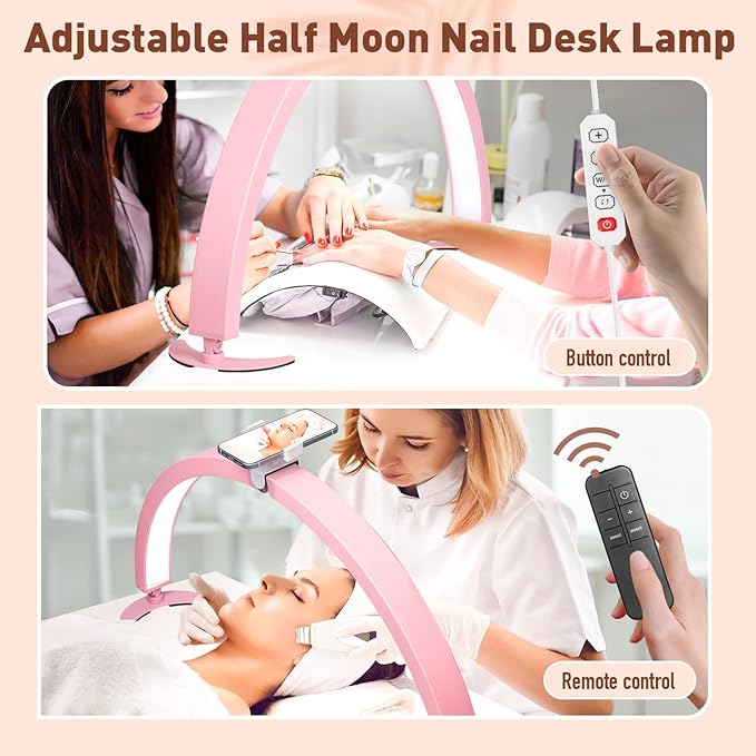 HITTI Half Moon Light for Nail Desk with Phone Holder, Foldable Nail Tech Light, Lash Table Lamp with Wire Controller & Remote, 7 Color Modes 10 Brightness for Extension Tattoo Craft Beauty - Pink - LeafyLoom