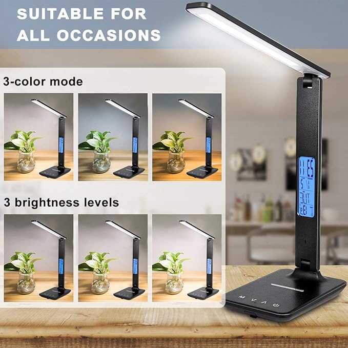 LED Desk Lamp, Desk Lamp with Wireless Charger, Suitable for Home, Office Dimmable Desk Lamp, with USB Charging Port, Built-in Clock, Calendar, Thermometer and Automatic Timing Reading Desk Lamp. - LeafyLoom