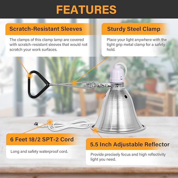 Simple Deluxe Clamp Lamp Light 60 Watt with 5.5 Inch Aluminum Reflector (no Bulb Included), 6 Feet Cord, 2 Pack, White - LeafyLoom