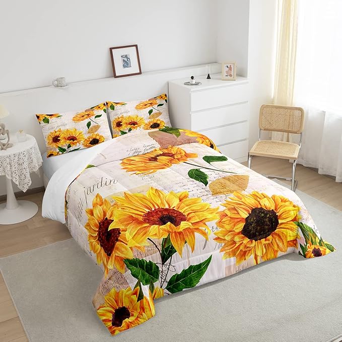 Girls Sunflowers Comforter Set Twin Size Retro Yellow Sunflower Bedding Set for Kids Teens Women Botanical Flowers Duvet Insert Vintage Floral Letters Down Comforter Kids Bedding Set, 2 Pieces - LeafyLoom