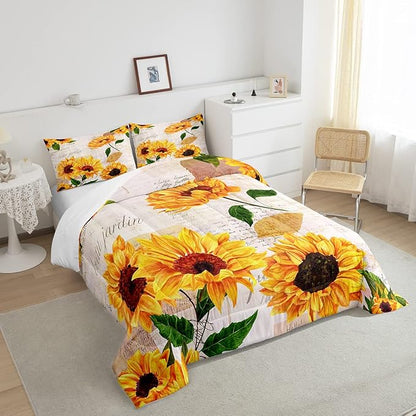 Girls Sunflowers Comforter Set Twin Size Retro Yellow Sunflower Bedding Set for Kids Teens Women Botanical Flowers Duvet Insert Vintage Floral Letters Down Comforter Kids Bedding Set, 2 Pieces - LeafyLoom