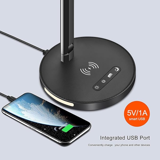 AFROG 8 in1 Multifunctional LED Desk Lamp with 10W Fast Wireless Charger,USB Charging Port, Night Light, 1200Lux Super Bright, 3 Lighting Mode, 5 Brightness,30/60 Min Timer, 12W Office Table Lamp - LeafyLoom