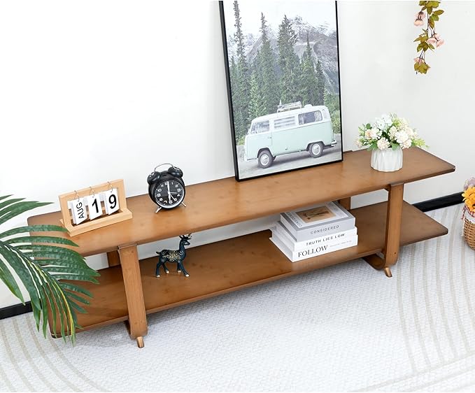 HollyHOME Bamboo TV Stand with Storage for TVs up to 65'', Modern Entertainment Center with 2 Open Shelf, Accent TV Media Console Table for Living Room, Bedroom, 55"(L), Walnut - LeafyLoom