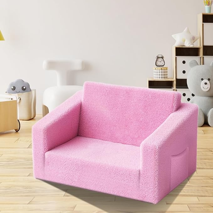 Kids Couch,2-in-1 Toddler Chairs for Girl,Kids Sofa with Storage,Comfortable Kids Sofa Bed,Fun Kids Lounge Chair,Toddler Furniture,Kids Playroom,Children'S Gifts (Pink) - LeafyLoom