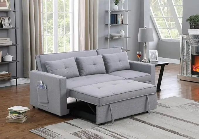 3 in 1 Convertible Sleeper Sofa Bed, Pull Out Couch with 3 Level Adjust Backrest, Futon Loveseat Chaise Lounge with Side Pockets and Throw Pillows for Living Room Office, Light Gray 79.75" - LeafyLoom